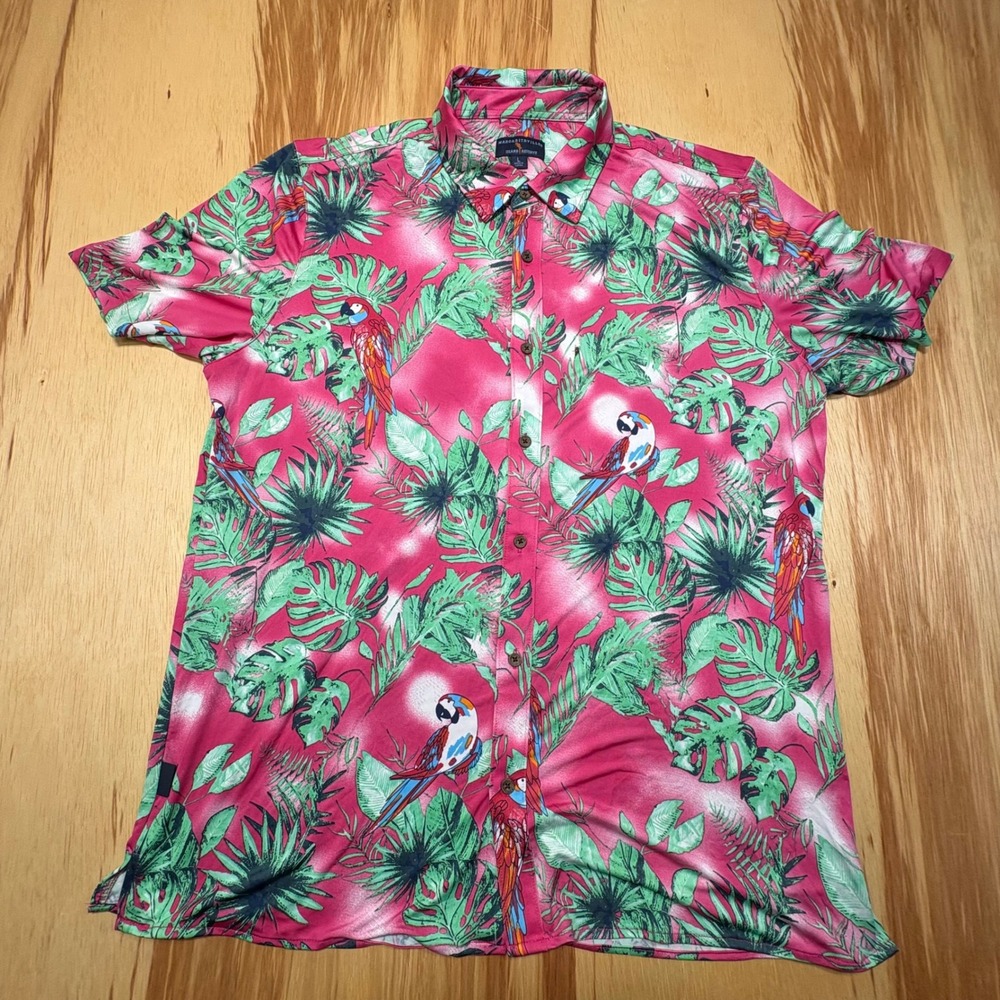 Margaritaville Hawaiian shirt Parrots Pink Flowers RAYON Men's Size Large